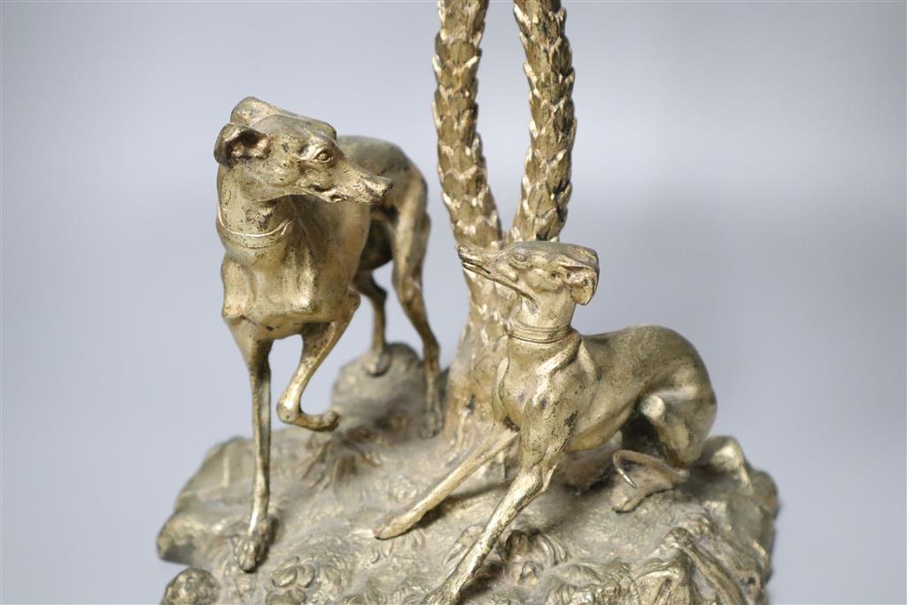 A Victorian gilt bronze greyhound centrepiece, 44cm high